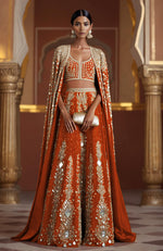 Emerald green mirror-embroidered cape set with sleeveless blouse from Jalwa by Talking Threads