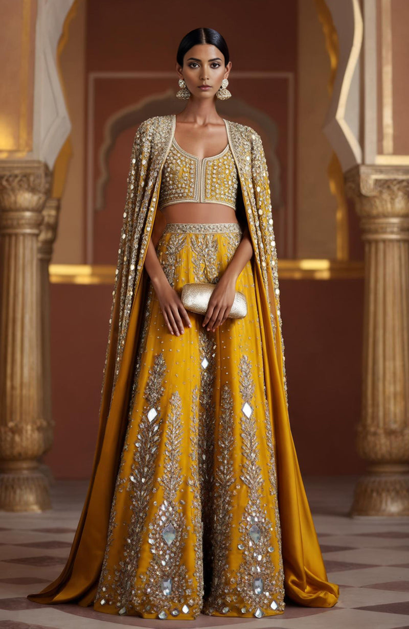 Orange lehenga with hand-embroidered mirrors, sequins, and a full-length mirror cape.