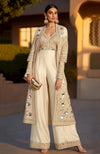 Mustard yellow sharara set with mirror-embroidered bustier and long jacket from Jalwa Collection