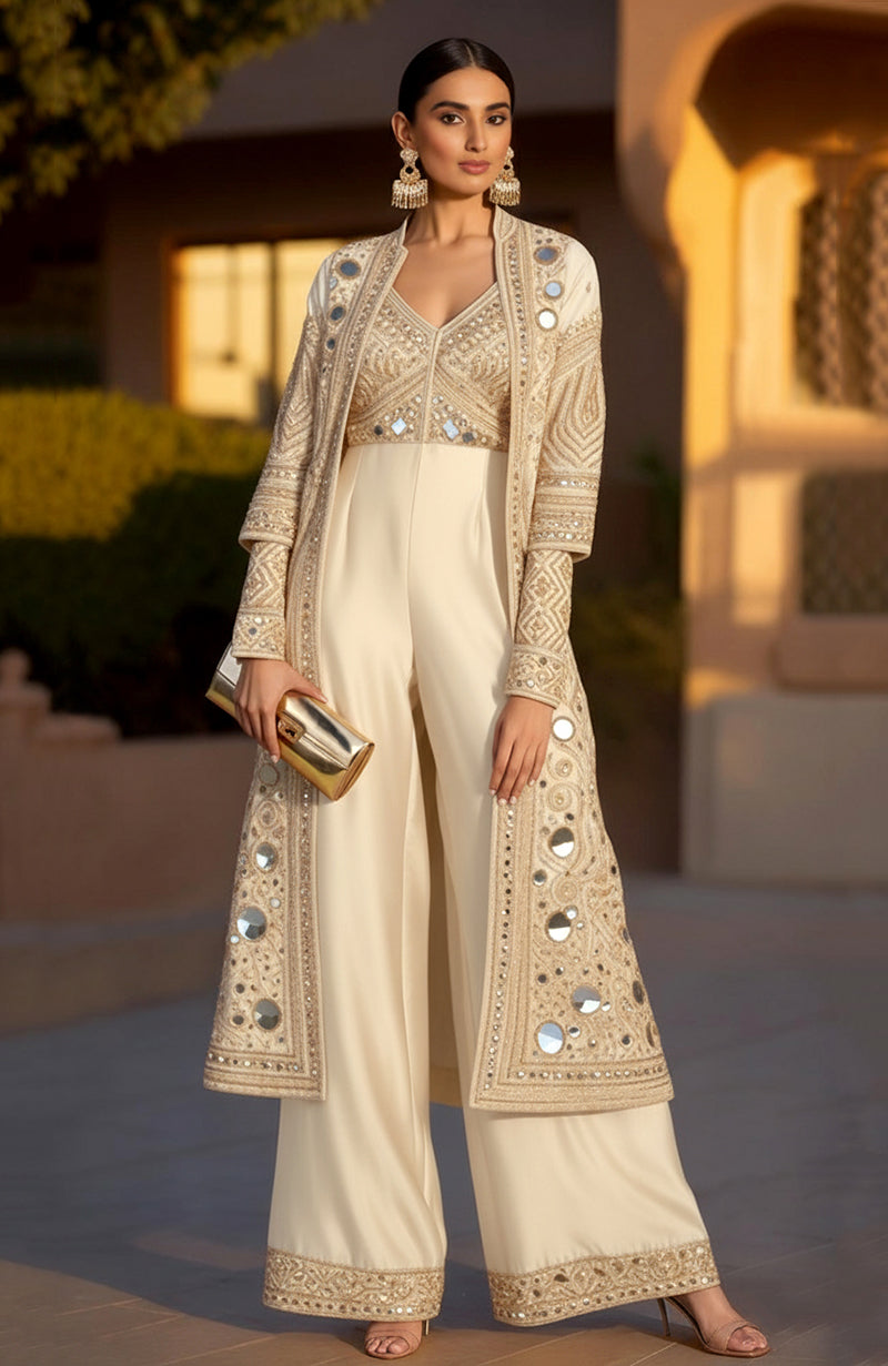 Mustard yellow sharara set with mirror-embroidered bustier and long jacket from Jalwa Collection