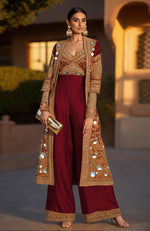 Mustard yellow sharara set with mirror-embroidered bustier and long jacket from Jalwa Collection