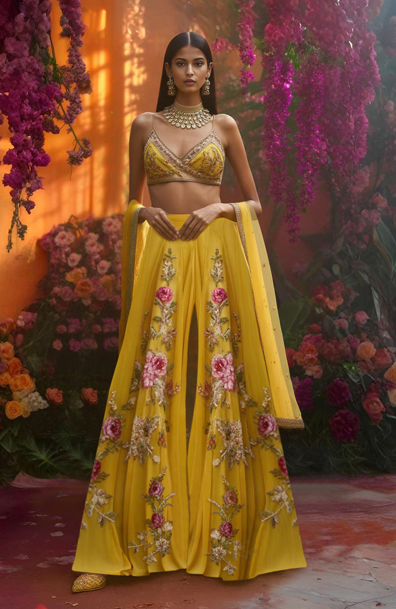 Golden Meadow Floral Embroidered Sharara Set