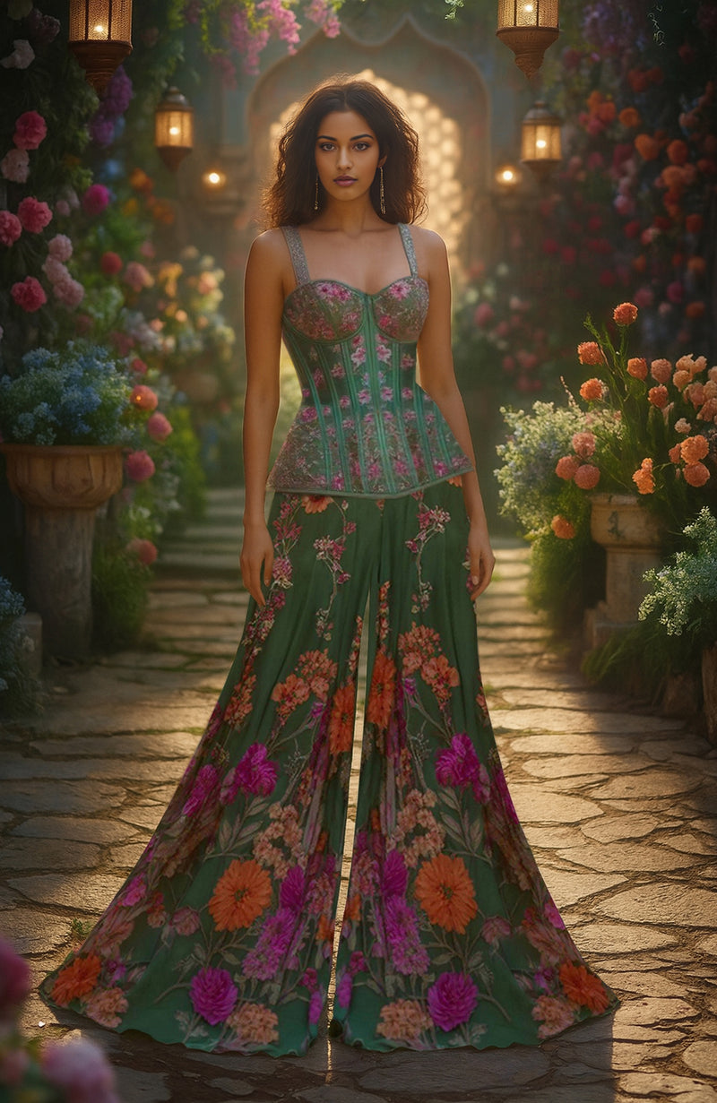 Enchanted Blossom Green Corset Sharara Set