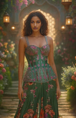 Enchanted Blossom Green Corset Sharara Set