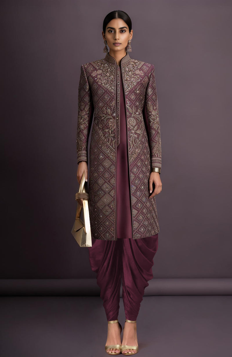 Zahra Embroidered Deep Plum Jacket Set