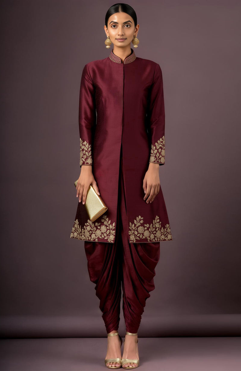Inaya Embroidered Merlot Wine Jacket Set