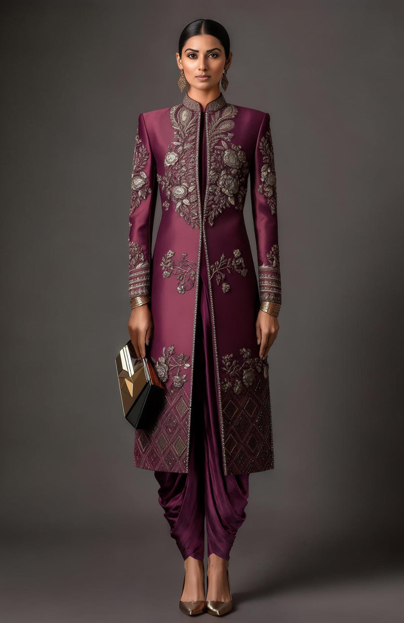 Sahar Embroidered Deep Plum Jacket Set