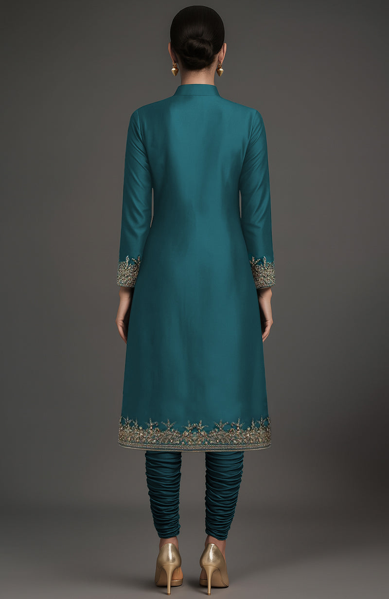 Sama Embroidered Teal Jacket Set