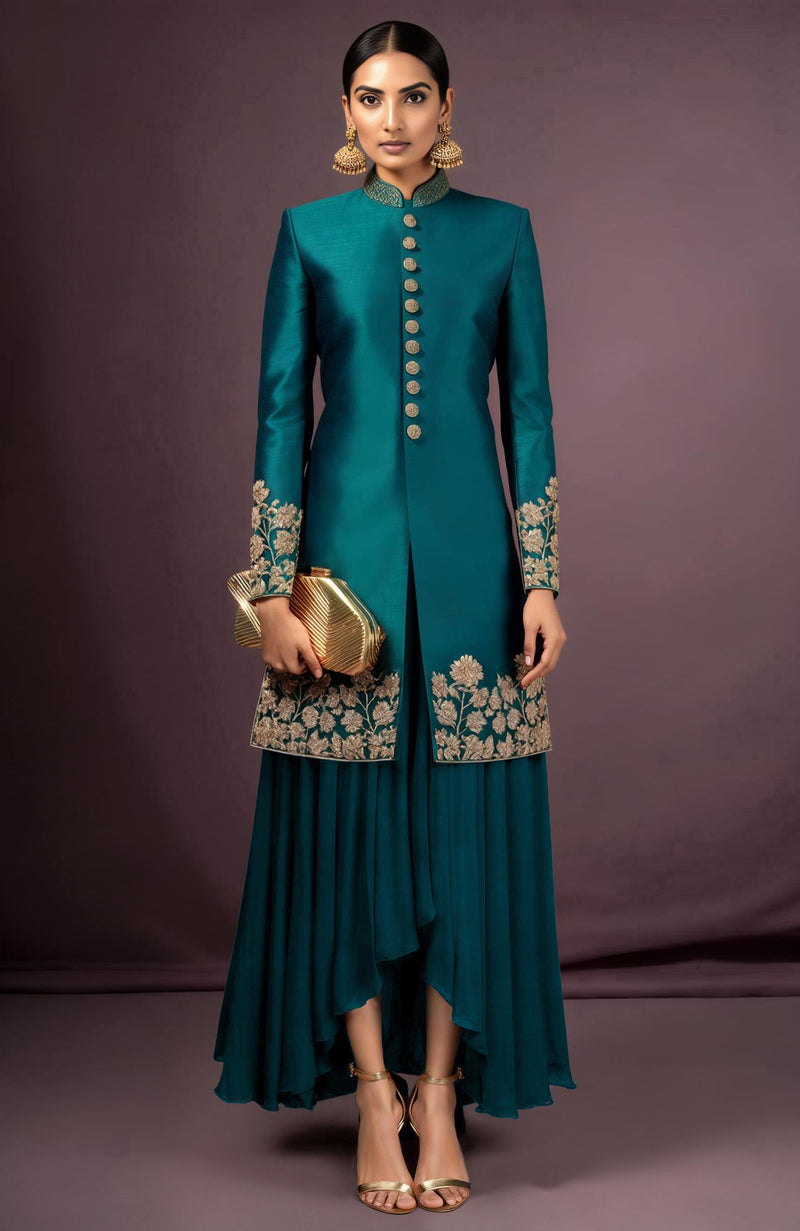 Imara Embroidered Teal Jacket Set