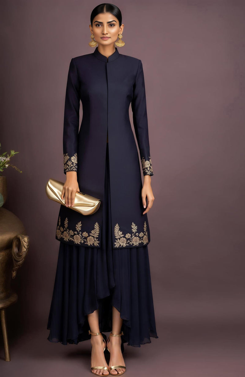 Zimal Embroidered Midnight Navy Jacket Set