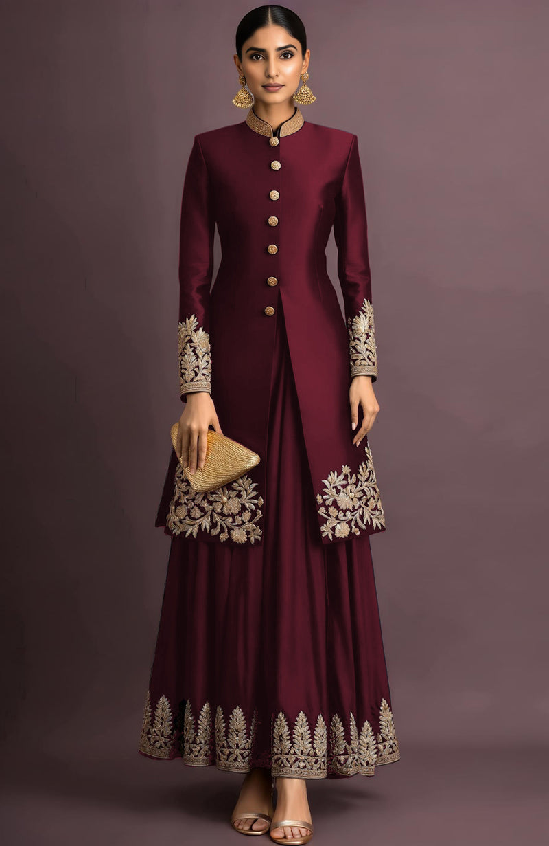 Ruhani Embroidered Maroon Jacket Set