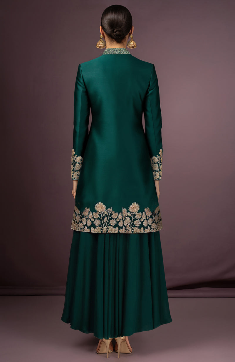 Firuzeh Embroidered Emerald Green Jacket Set