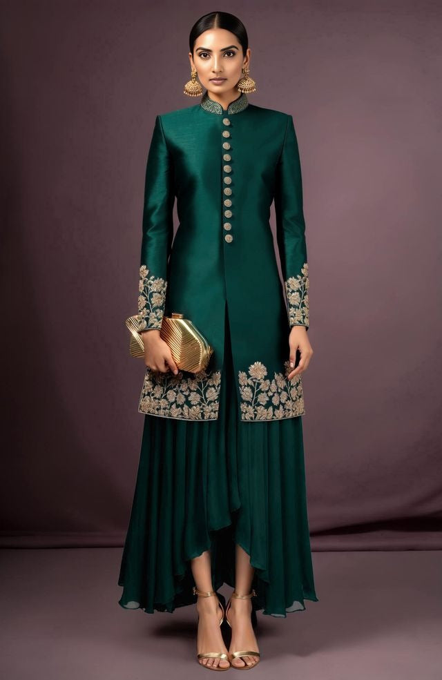 Firuzeh Embroidered Emerald Green Jacket Set