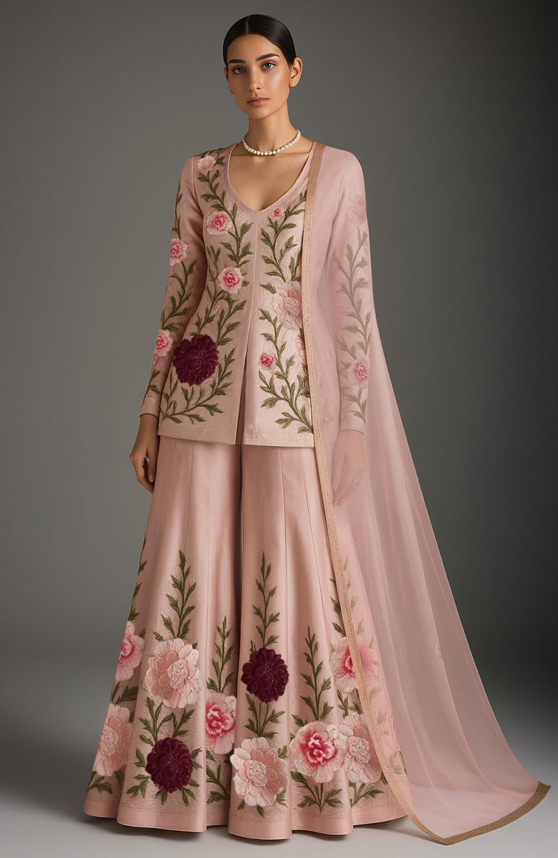 Blush Pink Floral Embroidered Sharara Set