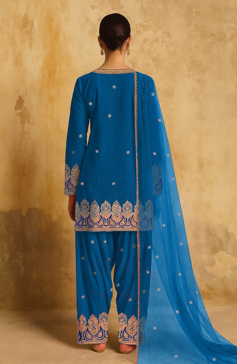 Gulbahaar Teal Blue Kashmiri Tilla Farshi Set