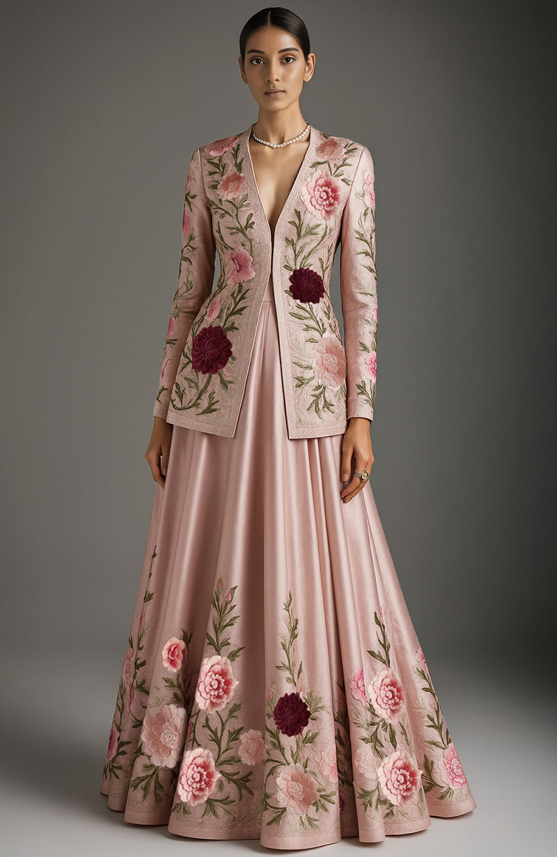 Blush Pink Floral Embroidery Skirt Set