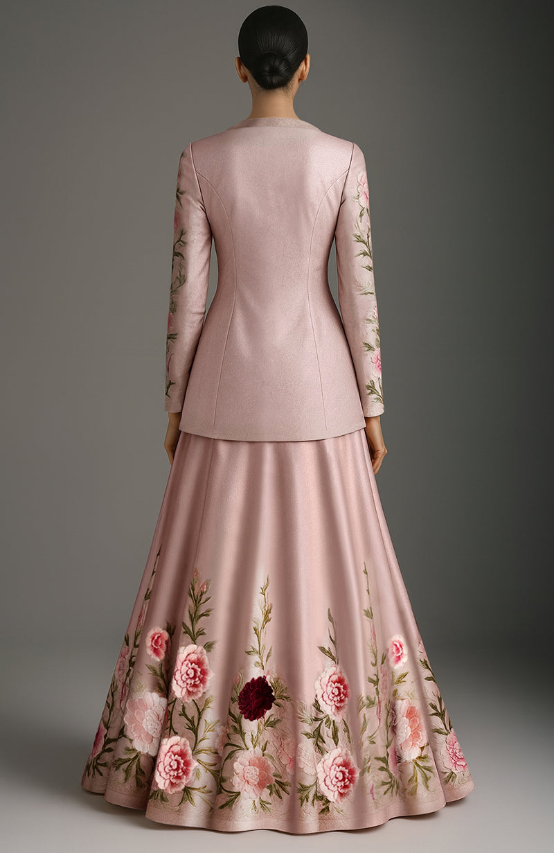 Blush Pink Floral Embroidery Skirt Set