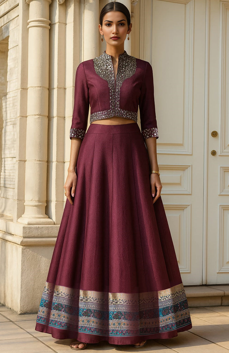 Wine Embellished Lehenga Set with Cropped Blouse