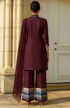 Deep Wine Embellished Slit Jacket Set with Wide-Leg Pants and Dupatta
