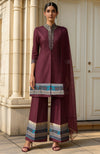 Deep Wine Embellished Slit Jacket Set with Wide-Leg Pants and Dupatta