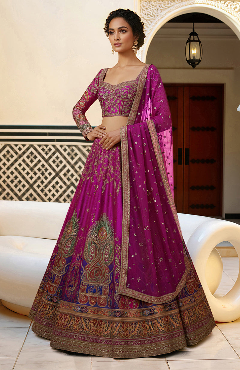 Regal fuchsia lehenga set with zardozi and resham embroidery, featuring peacock motifs.