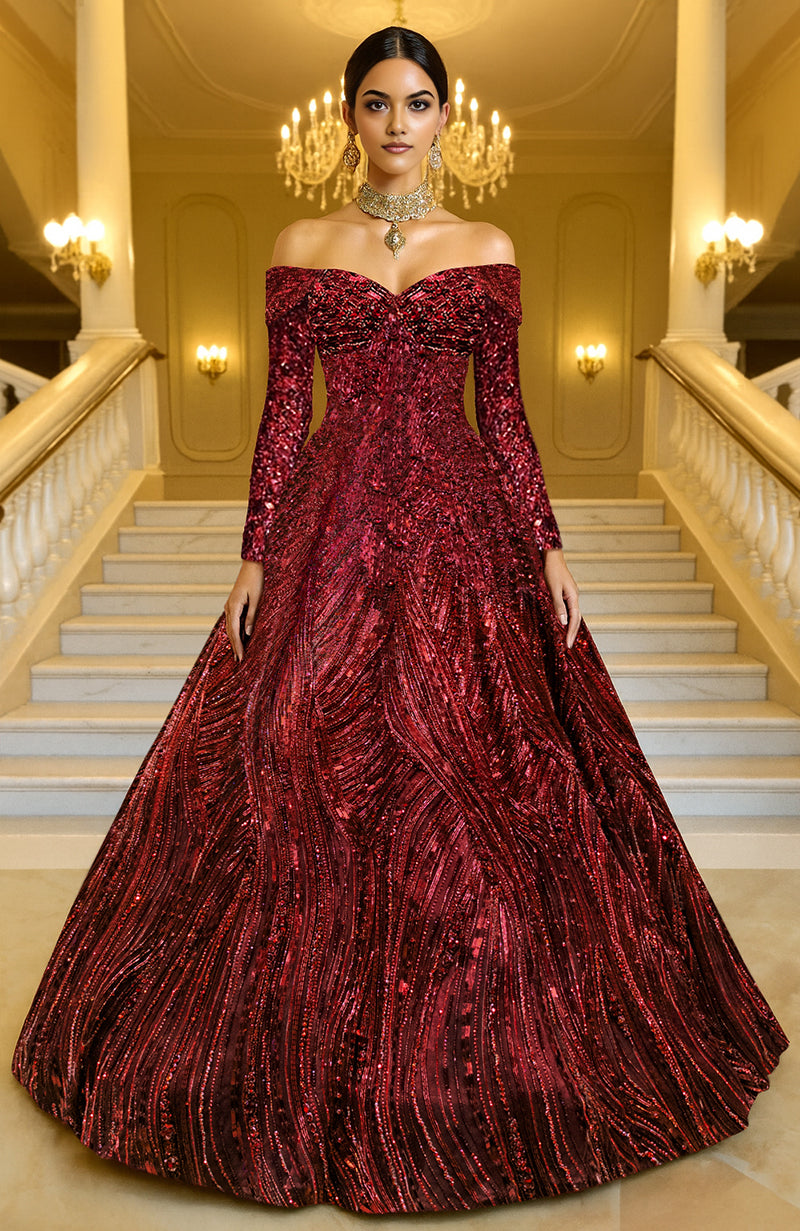 LAILA- Wine Hand Embroidered Princess Gown