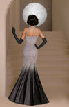 Black mermaid gown with silver and pink crystal embroidery and pearl details, paired with black gloves
