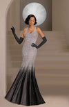 Black mermaid gown with silver and pink crystal embroidery and matching long gloves.