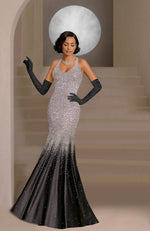 Black mermaid gown with silver and pink crystal embroidery and matching long gloves.