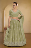 Bog green Kashmiri lehenga set with tilla and zardozi embroidery on blouse, skirt, and dupatta.