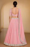 Peony pink lehenga set with gota patti and zardozi embroidery, flared skirt and U-neck blouse.