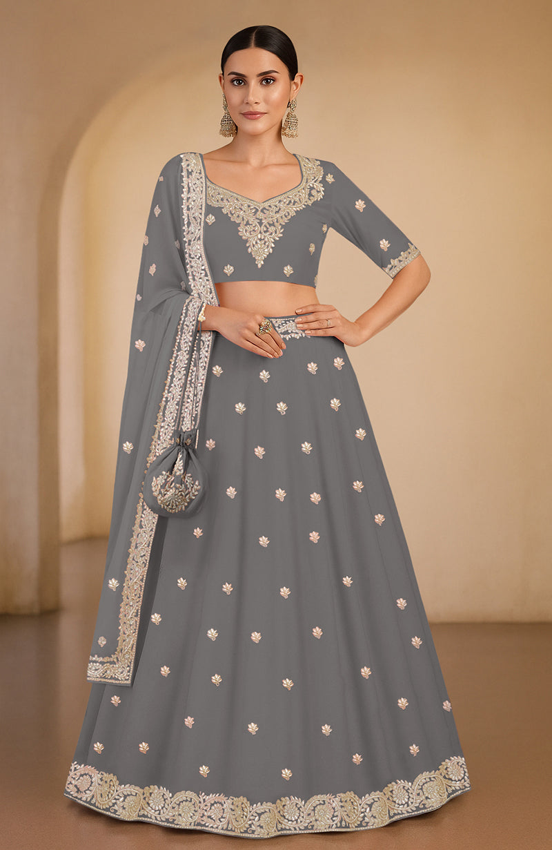 Sea salt lehenga set with gota patti and zardozi embroidery, flared A-line silhouette.