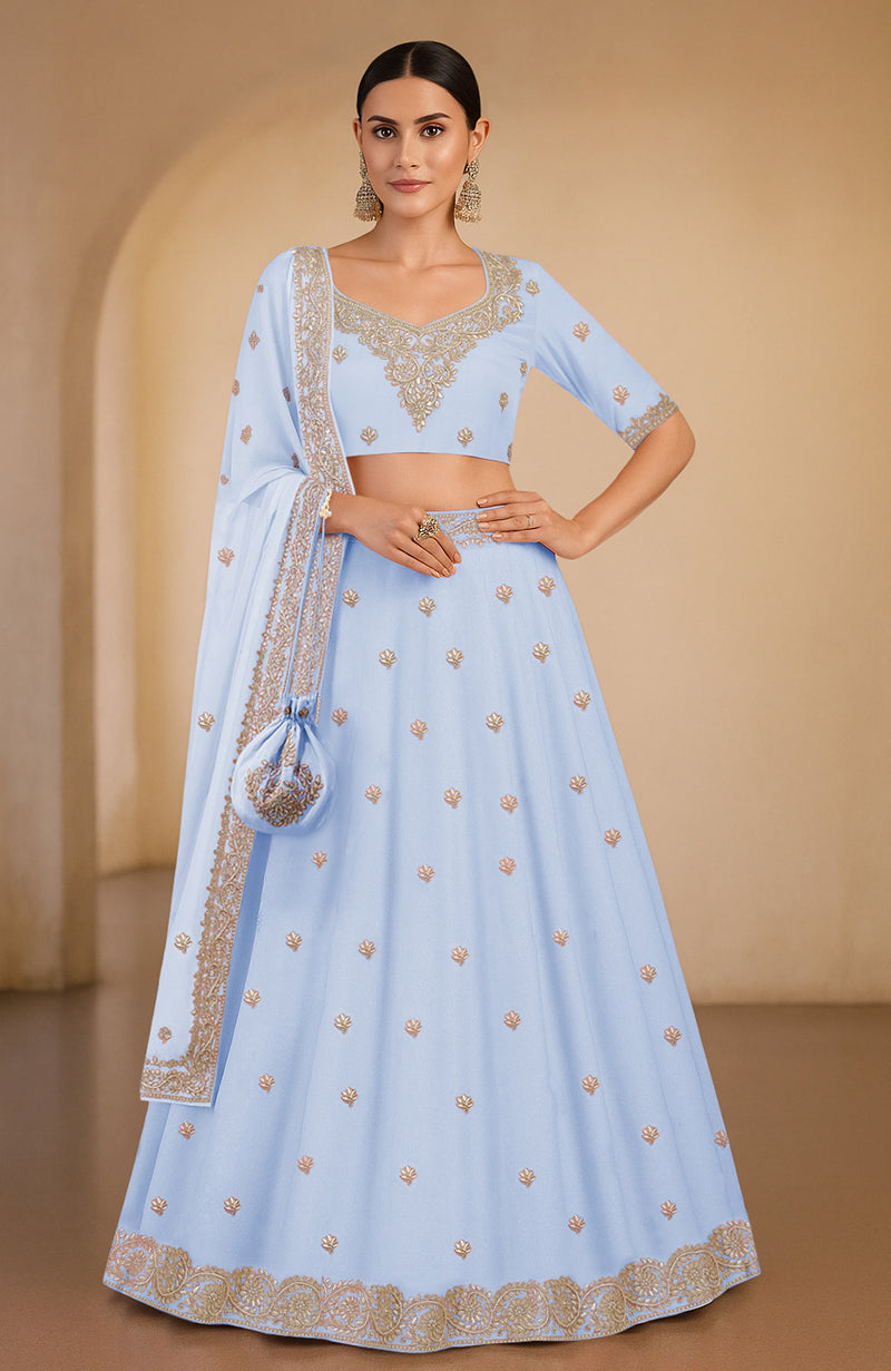 Sea salt lehenga set with gota patti and zardozi embroidery, flared A-line silhouette.