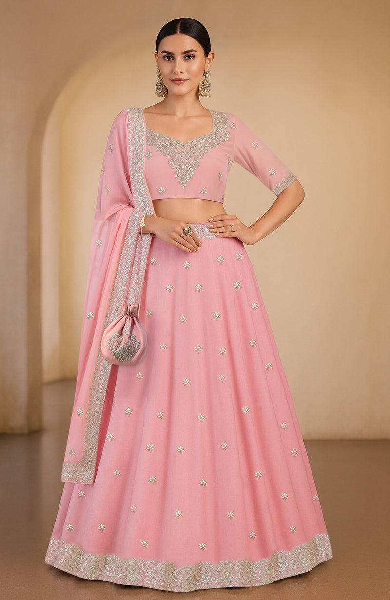 Peony pink lehenga set with gota patti and zardozi embroidery and matching dupatta and blouse