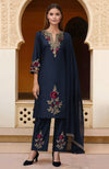 Navy blue kurta set with burgundy and gold floral embroidery, straight pants, and dupatta.