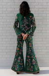 Emerald multicolour embroidered flared pant suit with long jacket and floral motifs.
