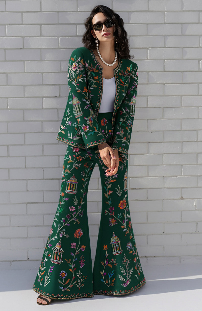 Navy flared pant suit with multicolour Parsi Gara floral and bird embroidery and long-line jacket