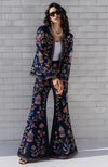 Navy flared pant suit with multicolour Parsi Gara floral and bird embroidery and long-line jacket