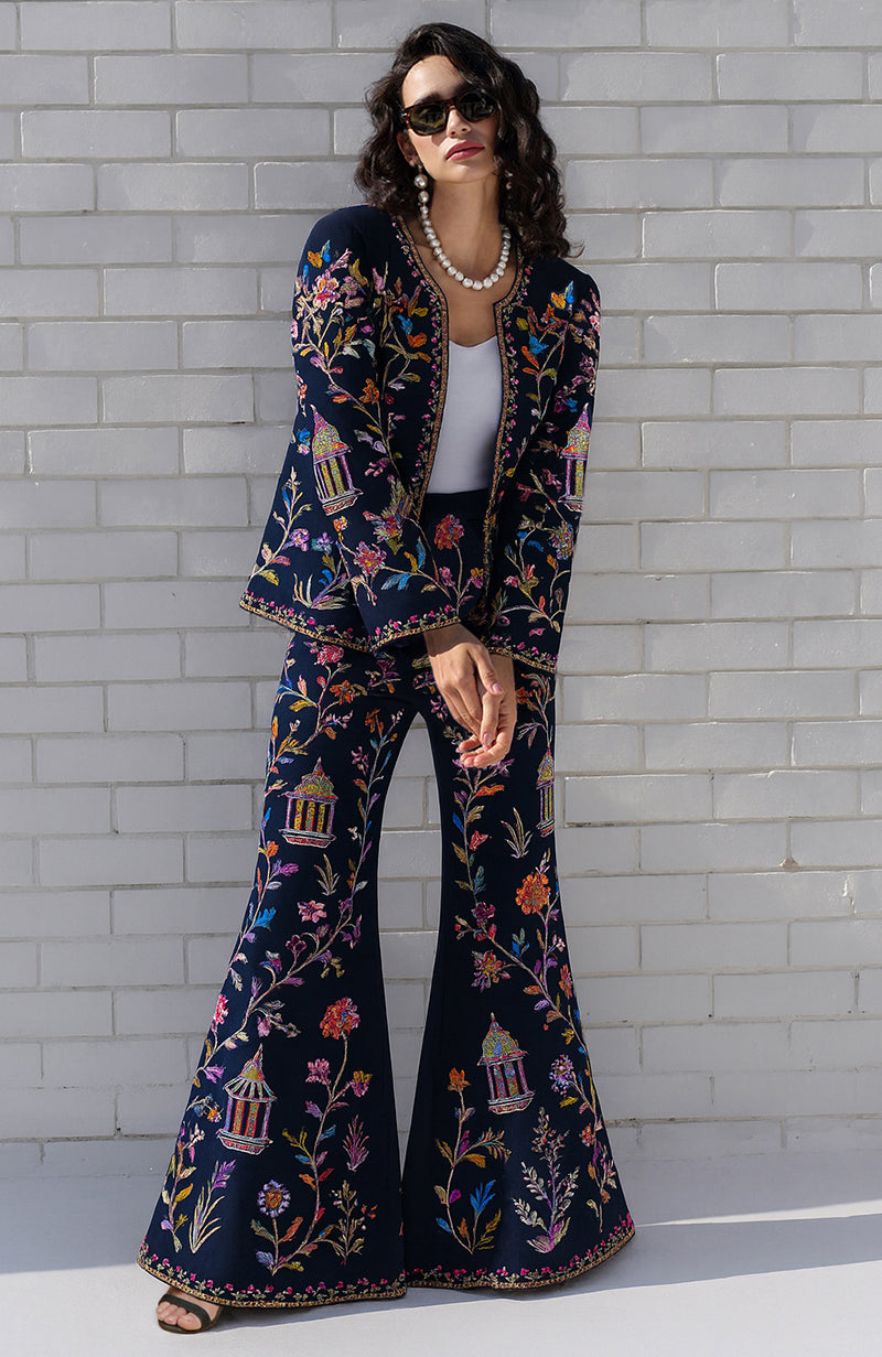 Navy flared pant suit with multicolour Parsi Gara floral and bird embroidery and long-line jacket