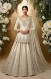 Ivory satin lehenga set with zari, sequin, and crystal embroidery and a tulle dupatta with pearls