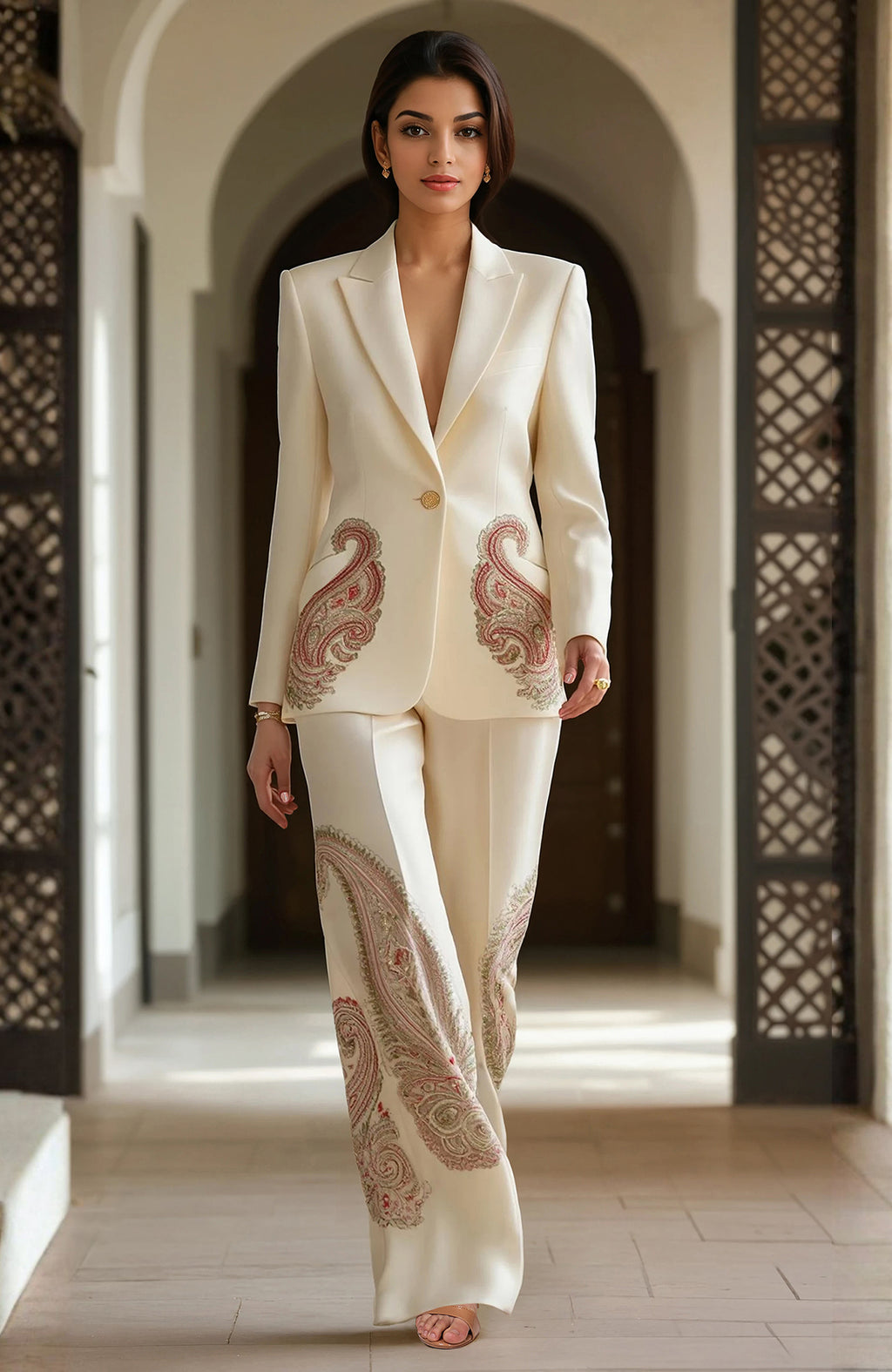 Ivory blazer with paisley embroidery and matching trousers in a tailored fit.