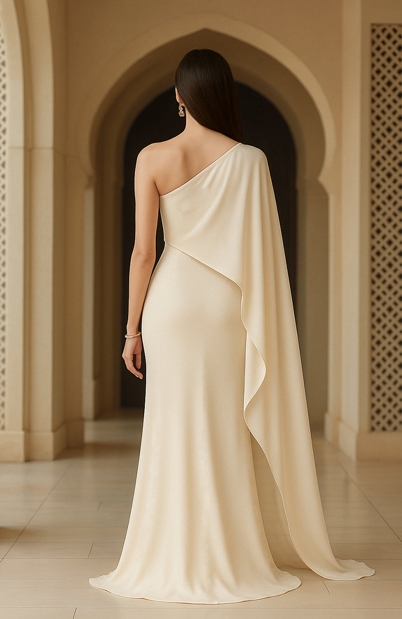 Ivory one-shoulder column gown with embroidered paisley motif and flowing silhouette.