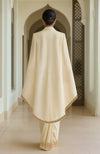 Ivory pre-draped chiffon saree with an embroidered paisley cape and flowing silhouette.