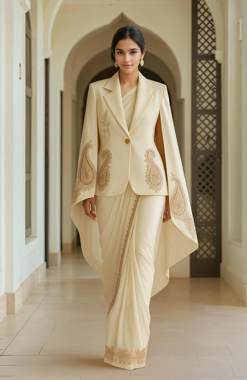 The Paisley Saree-Cape Ensemble – Ivory Pre-Draped Chiffon Saree with Embroidered Cape