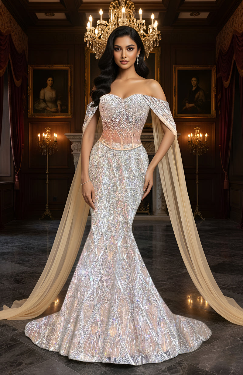 LAILA- Silver Champagne Mermaid Lehenga and Cape Set