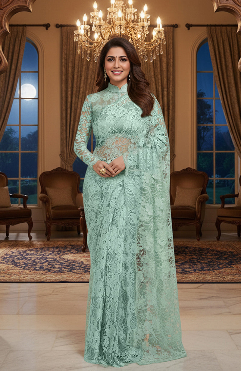 Frosted Jade French Chantilly Lace Saree Set