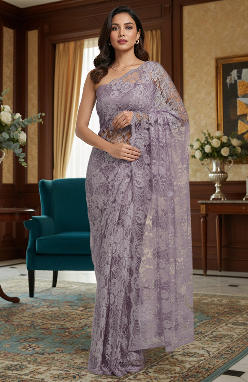 Antique Amethyst French Chantilly Lace Saree Set