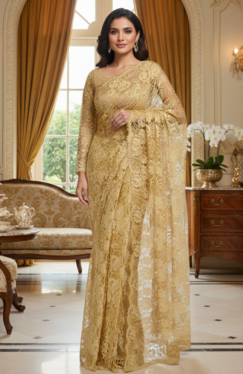 Burnished Champagne Gold French Chantilly Lace Saree Set