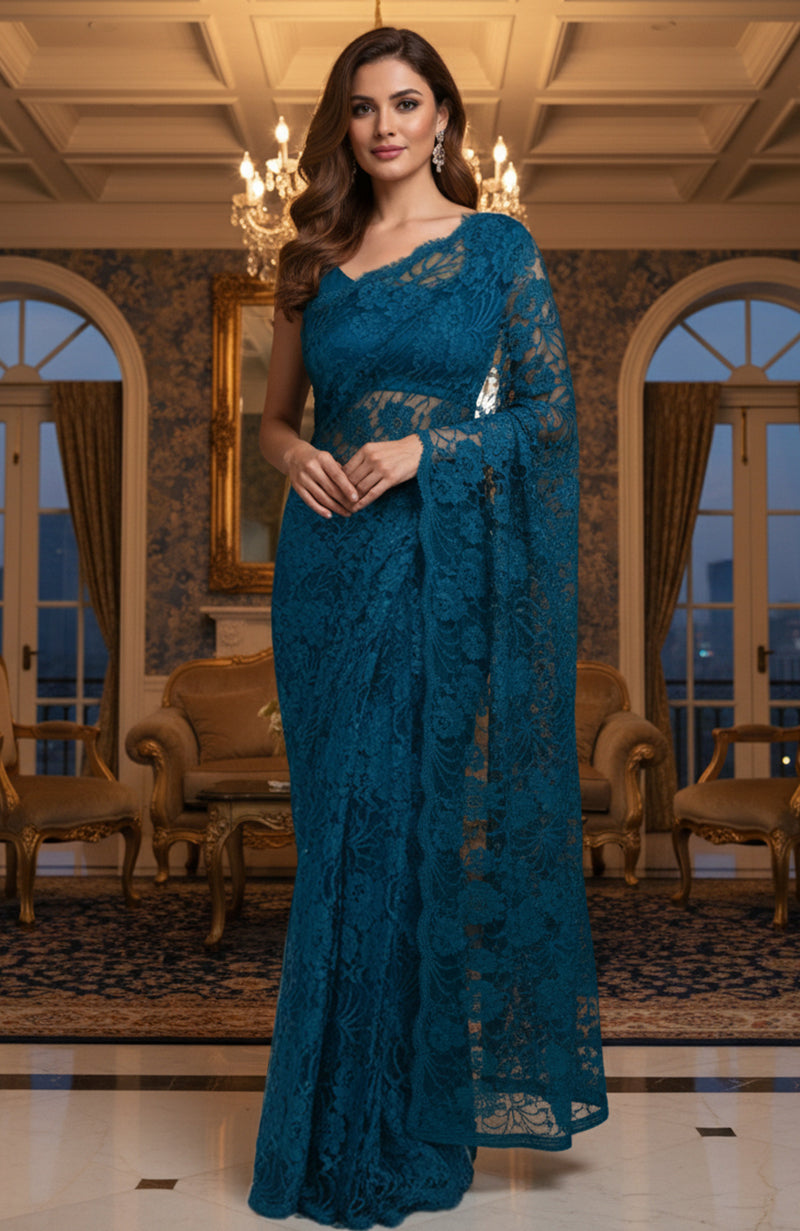 Cerrulean Twilight French Chantilly Lace Saree Set