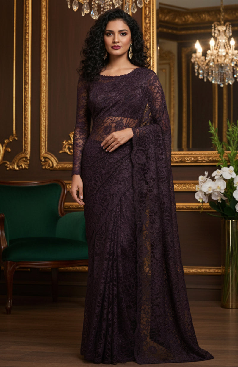 Midnight Plum Smoke French Chantilly Lace Saree Set